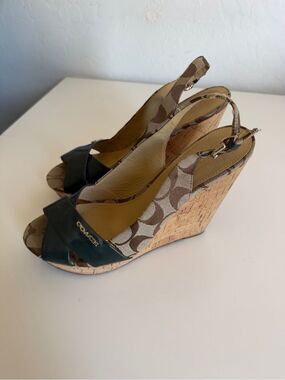 Coach Cork Wedge Slingback Sandals in Brown and Gray 10